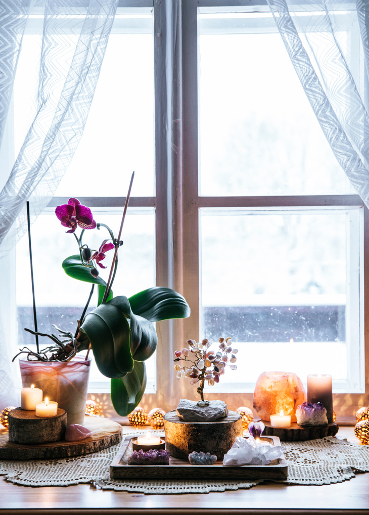 Feng Shui nature theme altar at home window sill.
